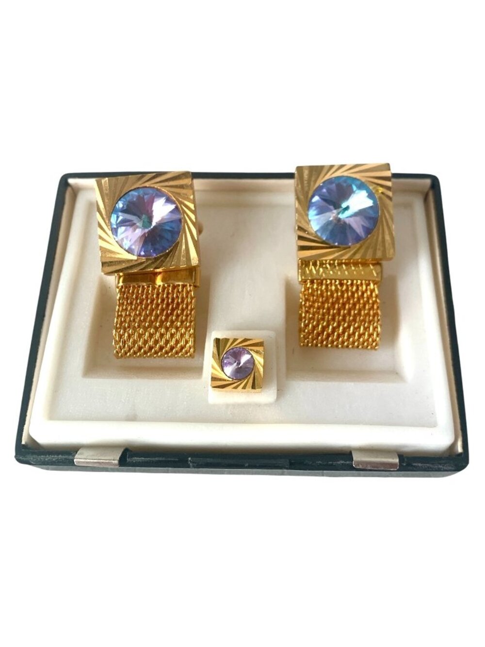 Vintage Cuff Links Tie Pin Blue Rhinestone Etched Retro Cufflinks Mid Century